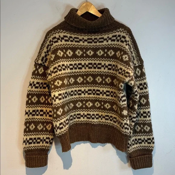 Handmade Brown Patterned wool  Turtleneck Sweater size S/M - Picture 5 of 10